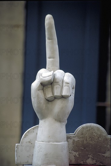 Sculpture of a hand with an extended index finger, France
