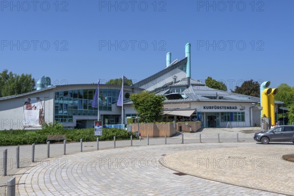 Outdoor pool from outside, the Kurfürstenbad, Amberg, Upper Palatinate, Bavaria, Germany