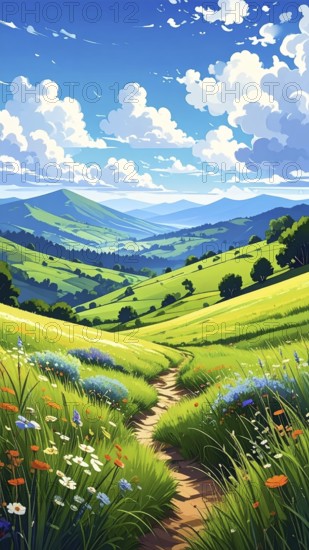 Fresh summer hilly Landscape with blooming Meadow, green plants, Blue Sky with cloudy sky, serene nature background, abstract vector illustration, AI generated