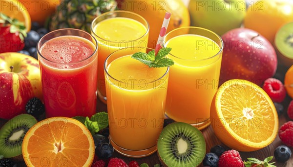 Fresh fruit juices in glasses, surrounded by colorful fruits, showcasing healthy drinking and eating, fitness and wellness lifestyle, AI generated