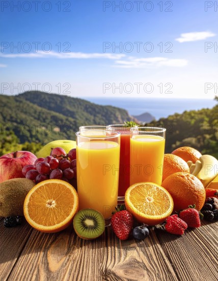 Fresh fruit juices in glasses, surrounded by colorful fruits, showcasing healthy drinking and eating, fitness and wellness lifestyle, AI generated