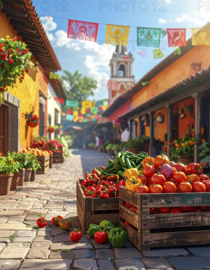 Traditional Mexican plaza with crates of peppers, onions, and tomatoes, economic prosperity in local trade, travel destination in America, AI generated