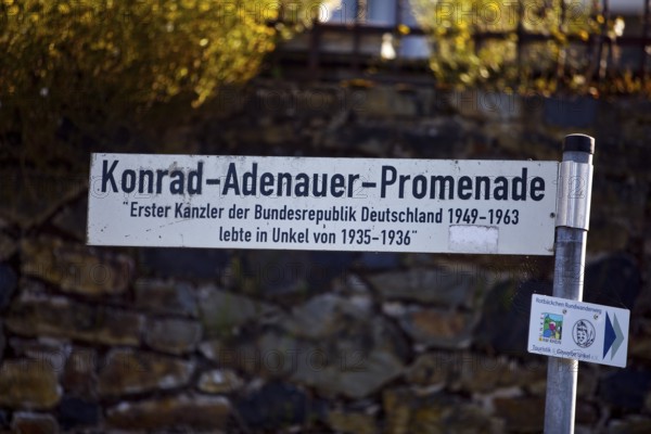 Konrad-Adenauer-Promenade street sign, memory of the first chancellor who lived in Unkel from 1935 to 1936, North Rhine-Westphalia, Germany