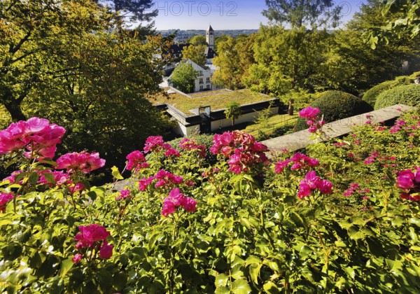 Konrad Adenauer House, view from the garden of St. Mary's Church, Stiftung Bundeskanzler-Adenauer-Haus, Rhöndorf, Bad Honnef, North Rhine-Westphalia, Germany