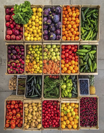 Fresh fruits and vegetables in a market display, aerial view perpendicular top down, healthy eating and lifestyle, AI generated