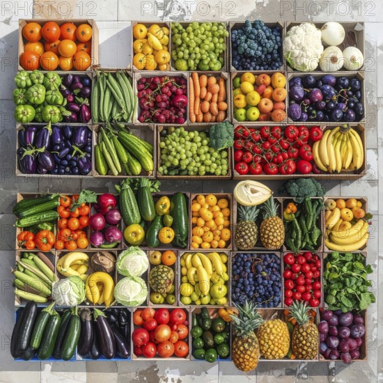 Fresh fruits and vegetables in a market display, aerial view perpendicular top down, healthy eating and lifestyle, AI generated