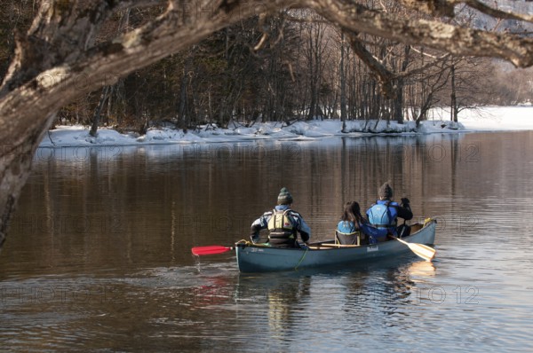 Japan, Hokkaido, Kayakers in winter Kayaker, people, winter, Frozen lake, Hokkaido, North, East, Winter, (Peche) Japan, 2017