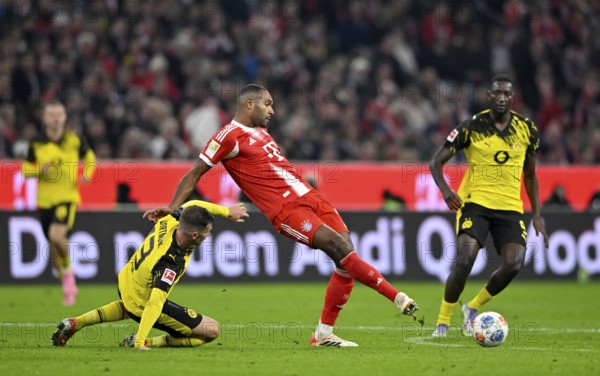 Jonathan Tah FC Bayern Munich FCB (04) Action on the ball Pascal Gross Borussia Dortmund BVB (13) Serhou Guirassy Borussia Dortmund BVB (09) German Classico, FC Bayern Munich FCB versus Borussia Dortmund BVB, Allianz Arena, Munich, Bayern, Germany