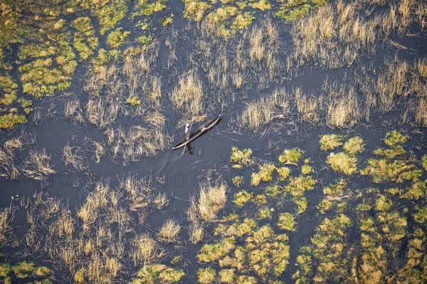 Marshland, marshland, Kavango fishermen with their mokoro on the water, aerial view, Okavango Delta, Botswana