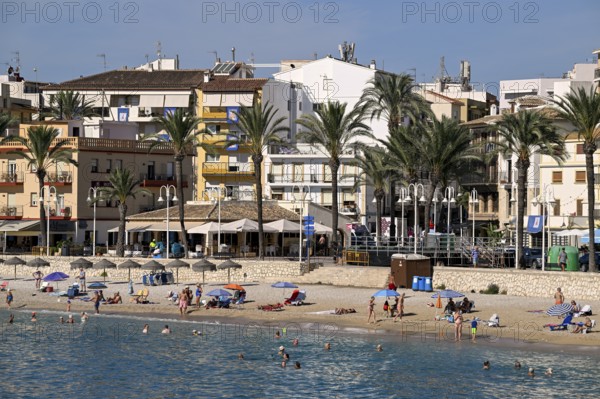View of the beach and old town of Jávea or Xàbia, Alicante Province, Comunidad Valenciana, Spain