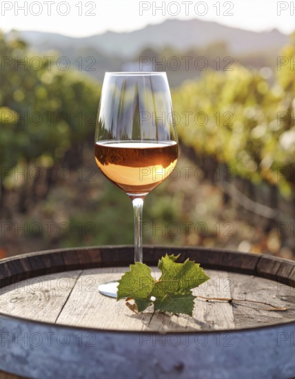 A glass of 10-year-old tawny wine placed on a barrel in a vineyard restaurant, vineyard landscape in blurred background, AI generated