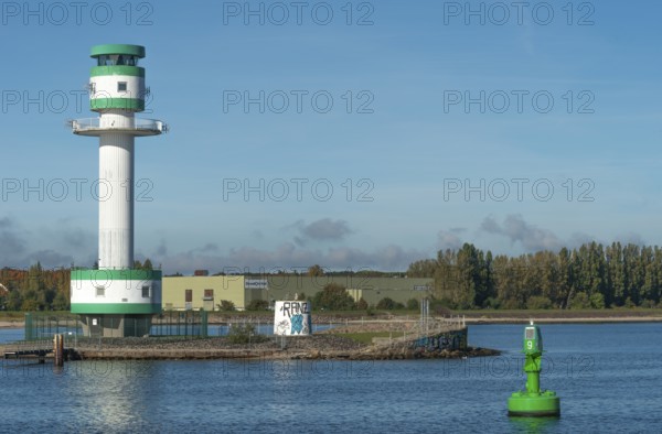 Green-white lighthouse Friedrichsort, Kiel Fjord, Kiel, shipping, tower, architecture, tourist attraction, orientation, navigation, Kiel beach town, economy, industry, blue sky, Schleswig-Holstein, Germany