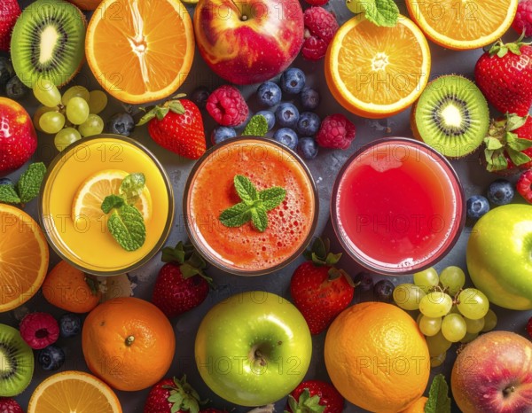 Fresh fruit juices in glasses, surrounded by colorful fruits, showcasing healthy drinking and eating, fitness and wellness lifestyle, AI generated