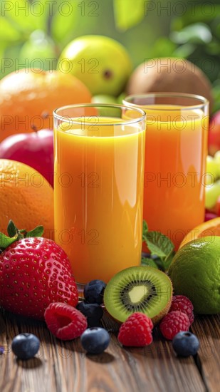 Fresh fruit juices in glasses, surrounded by colorful fruits, showcasing healthy drinking and eating, fitness and wellness lifestyle, AI generated