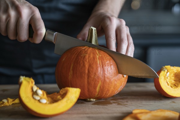 Hokkaido pumpkin being cut in the kitchen. Hand slicing fresh pumpkin for cooking. Generative ai, AI generated