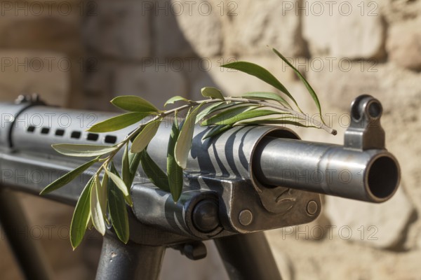 Olive branch placed over a machine gun barrel. Symbol of peace and anti-violence. Generative ai, AI generated