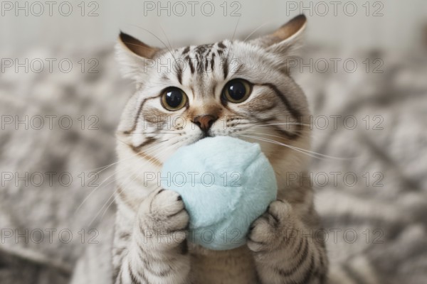Cute cream tabby cat with big eyes holding a blue plush toy ball. Playful cat. Generative ai, AI generated