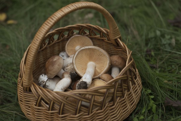 Icker basket full of collected wild mushrooms in the forest. Autumn foraging and nature concept. Generative ai, AI generated