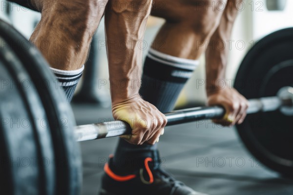 Man reaching for dumbbells on the floor. Strength training and fitness motivation. Generative AI, AI generated