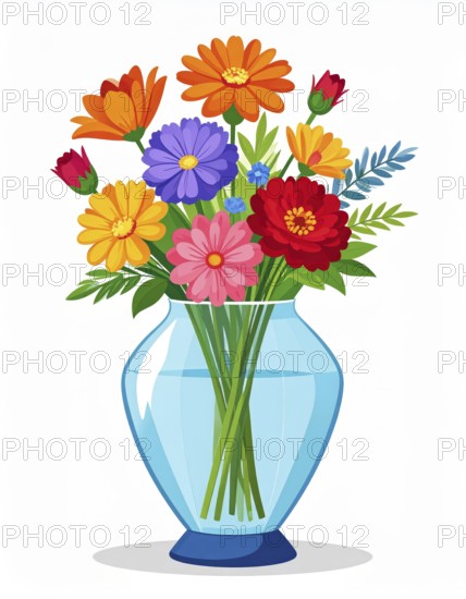 Crystal glass vase with vibrant blooming flowers, vibrant vector drawing illustration for fresh spring background, AI generated