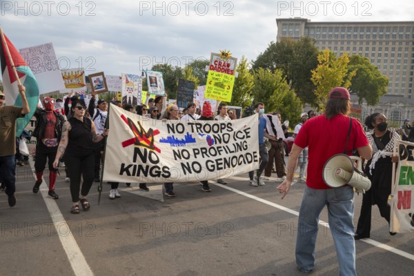 Detroit, Michigan USA - 18 October 2025 - A large crowd gathered for a 'No Kings' rally, protesting President Trump's actions against immigrants and against democratic institutions