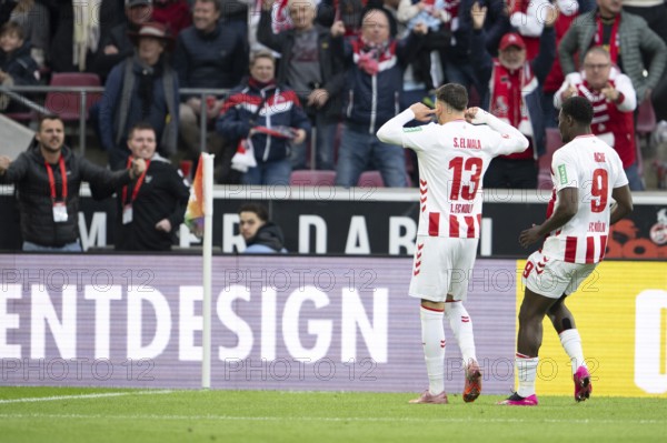 Said el Mala (1.FC Cologne, Midfield, #13), Ragnar Ache (1.FC Cologne, Storm, #9), COLOGNE, Germany - OCTOBER 18: During the Bundesliga match between FC Cologne vs. FC Augsburg at Rheinenergie-Stadion on matchday 8 of the 1st Bundesliga on October 18, 2025 in Cologne, Germany. DFL REGULATIONS PROHIBIT ANY USE OF PHOTOGRAPHS AS IMAGE SEQUENCES AND/OR QUASI-VIDEO, Rheinenergie-Stadion, Cologne, North Rhine-Westphalia, Germany