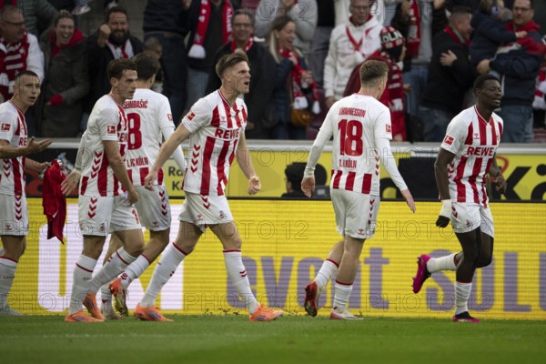 Denis Huseinbasic (1.FC Cologne, Midfield, #8), Isak Joannesson (1.FC Cologne, Midfield, #18), Florian Kainz (1.FC Cologne, Midfield, #11), COLOGNE, Germany - OCTOBER 18: During the Bundesliga match between FC Cologne vs. FC Augsburg at Rheinenergie-Stadion on matchday 8 of the 1st Bundesliga on October 18, 2025 in Cologne, Germany. DFL REGULATIONS PROHIBIT ANY USE OF PHOTOGRAPHS AS IMAGE SEQUENCES AND/OR QUASI-VIDEO, Rheinenergie-Stadion, Cologne, North Rhine-Westphalia, Germany