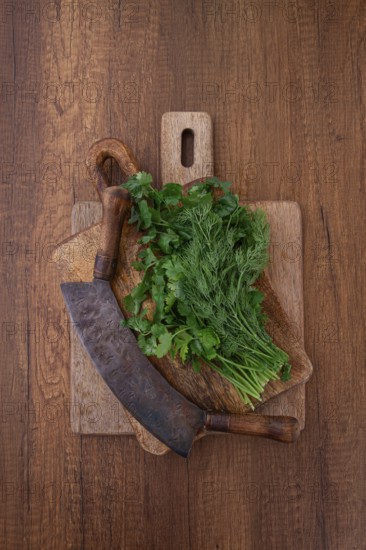 Fresh cilantro and dill are placed on a wooden cutting board next to a machete. The herbs are vibrant and ready for use in cooking, showcasing a rustic kitchen setting