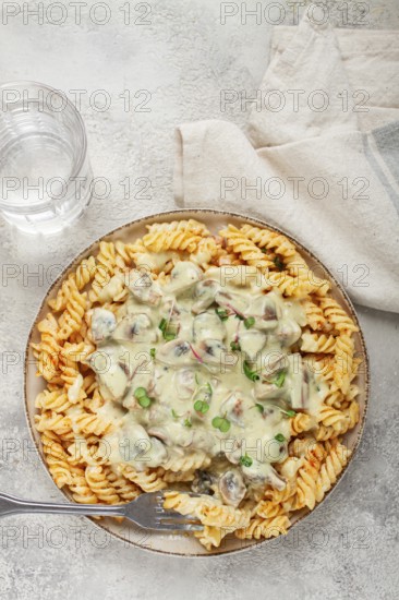 Fusilli pasta, with champignons, in creamy garlic sauce, with herbs and spices, sauce, no people