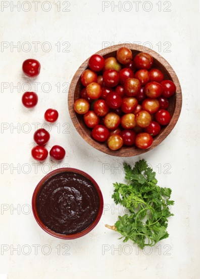 Tkemali sauce, from red cherry plum, Georgian tkemali sauce, top view, no people