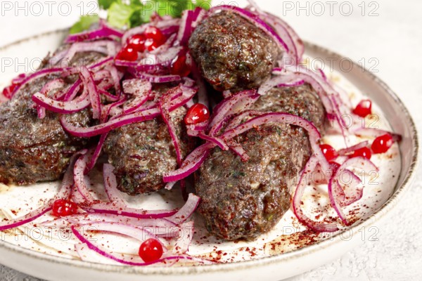 Grilled kebabs topped with onions and pomegranate on a white plate in a bright kitchen setting