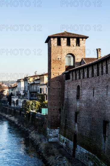 Adige River and Castelvecchio viewed from Castelvecchio Bridge. Verona, Province of Verona, Italy. 10.12.2012