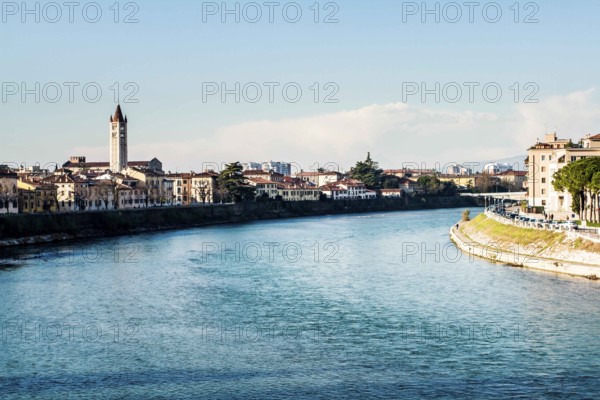 Adige River viewed from Castelvecchio Bridge (Ponte di Castelvecchio). Verona, Province of Verona, Italy. 10.12.2012