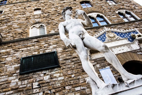 Reproduction of Michelangelo's statue David at the entrance of Palazzo Vecchio, in Piazza della Signoria. Florence, Province of Florence, Italy. 18.12.2012