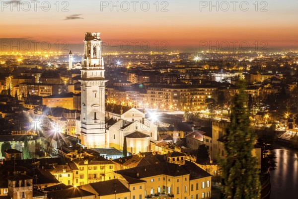 Verona Cathedral, Ponte Pietra and view of the city at evening from Castel San Pietro. Verona, Province of Verona, Italy. 10.12.2012