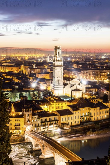 Verona Cathedral, Ponte Pietra and view of the city at evening from Castel San Pietro. Verona, Province of Verona, Italy. 10.12.2012