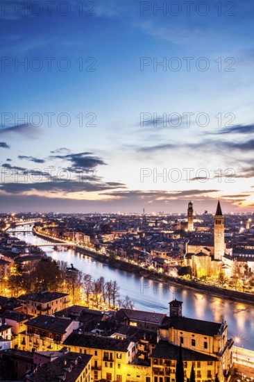 View of the city at evening from Castel San Pietro. Verona, Province of Verona, Italy. 10.12.2012