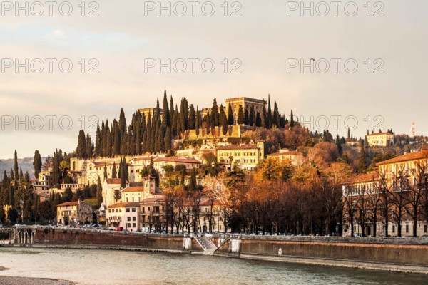 Adige River and Castel San Pietro in the background, viewed from Bridge Nuovo. Verona, Province of Verona, Italy. 10.12.2012