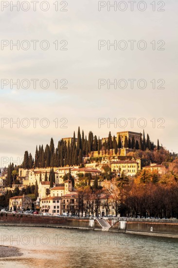 Adige River and Castel San Pietro in the background, viewed from Bridge Nuovo. Verona, Province of Verona, Italy