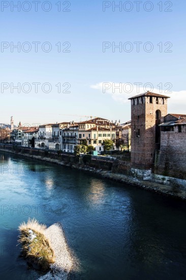 Adige River viewed from Castelvecchio Bridge. Verona, Province of Verona, Italy