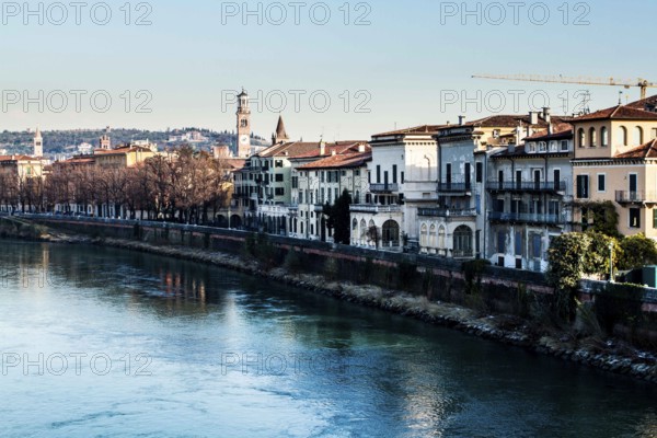Adige River viewed from Castelvecchio Bridge. Verona, Province of Verona, Italy. 10.12.2012
