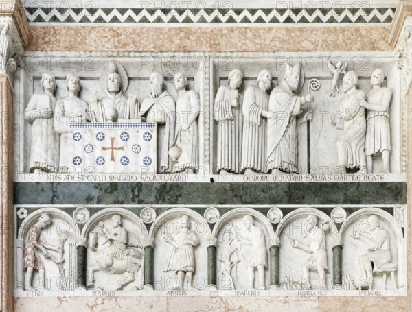 Scene from the life of St. Martin above, month depictions, June, May, April, March, February, January, below, sculptor Guidetto and collaborators, Romanesque, main façade, cathedral, Cattedrale di San Martino also Duomo di Lucca, Lucca, Tuscany, Italy/Szene aus dem Leben des Heiligen Martin oben, Monatsdarstellungen, Juni, Mai, April, März, Februar, Januar, unten, Bildhauer Guidetto und Mitarbeiter, Romanik, Hauptfassade, Kathedrale, Dom, Cattedrale di San Martino auch Duomo di Lucca, Lucca, Tos