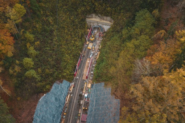 Railway system with construction under tunnel construction in autumn surroundings, Hermann-Hesse-Bahn construction site, Calw, Germany