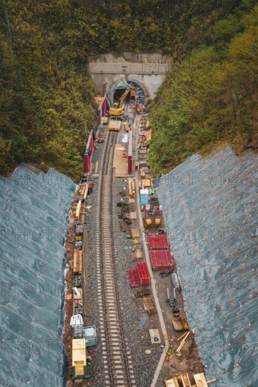 Construction of a railway tunnel structure in an autumn forest landscape, Hermann-Hesse-Bahn construction site, Calw, Germany