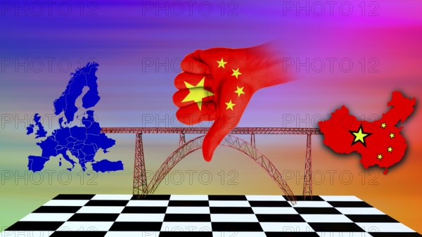 Symbolic image, economic relationship between the EU and China, symbolic bridge is broken, rare earths, dependent on China with 90% raw material ownership, industrial dependency, rare earths for Europe and USA, Trump and Xi Jinping, semiconductor crisis, chip shortage, raw materials, suppliers China and Russia, Germany without mineral resources, scarcity of fossil fuels, energy supply, energy transition, phase-out of nuclear energy, production stop in the automotive industry, defense industry, computer chips, smartphones, screens, batteries