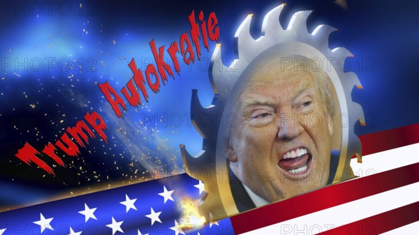 Symbolic image, Trump is sawing up the USA, democracy versus autocracy, Donald Trump sees himself as ruler above the law, US democracy in danger, political blackmail, EU and Germany under political pressure, industry, tariff threats, Elon Musk, Mark Zuckerberg, social networks, fake news, rights broken, hate, incitement, DSG Digital Services Act, re-election, USA, politics, announcements, revenge campaign, wanted dictator, republican, US electoral system, global threat, lies, 2nd term, global burden, Ukrainian war, storm White House