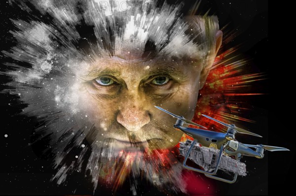 Symbolic image, Putin and Ukraine war, Russian drones over Ukraine and EU, sabotage by Russia, underwater cables, Baltic states, Poland, threat to Europe/world politics, billiards of world politics, Ukraine, Russia, danger situation, continued gas and oil delivery, arms supplies, scarcity of fossil fuels, cold winter, frost, energy supply, food for third world, supply of raw materials