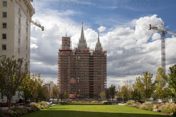 Salt Lake City, Utah - Scaffolding surrounds the Church of Jesus Christ of Latter-Day Saints' Salt Lake Temple, which is closed for renovations