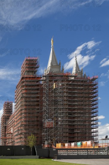 Salt Lake City, Utah - Scaffolding surrounds the Church of Jesus Christ of Latter-Day Saints' Salt Lake Temple, which is closed for renovations