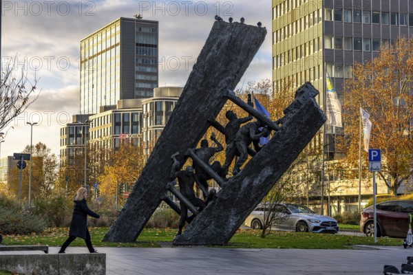 Downtown Essen, Miners' Monument Steile Lagerung, am Europaplatz, high-rise office buildings, at the main train station, North Rhine-Westphalia, Germany